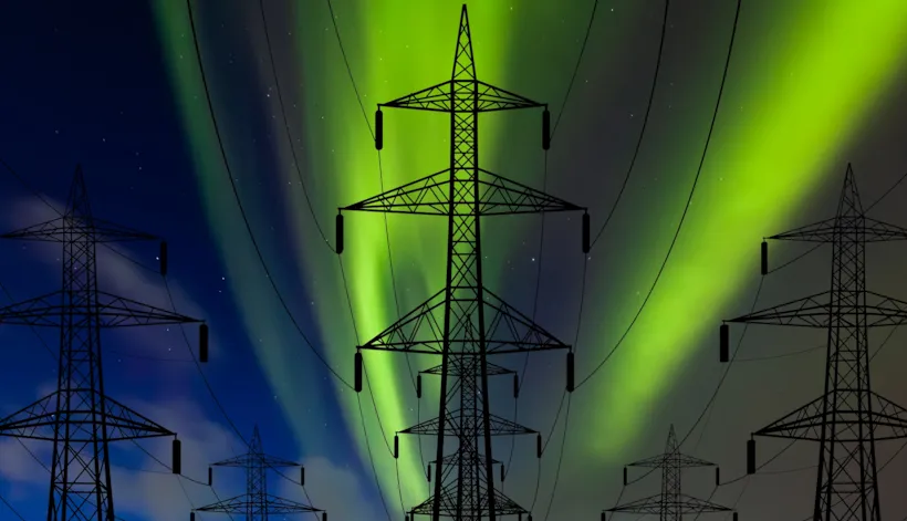 Power lines against the polar sky - Aurora borealis