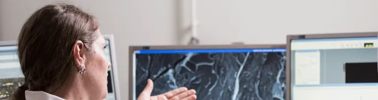 Woman explaining investigation findings shown on a PC